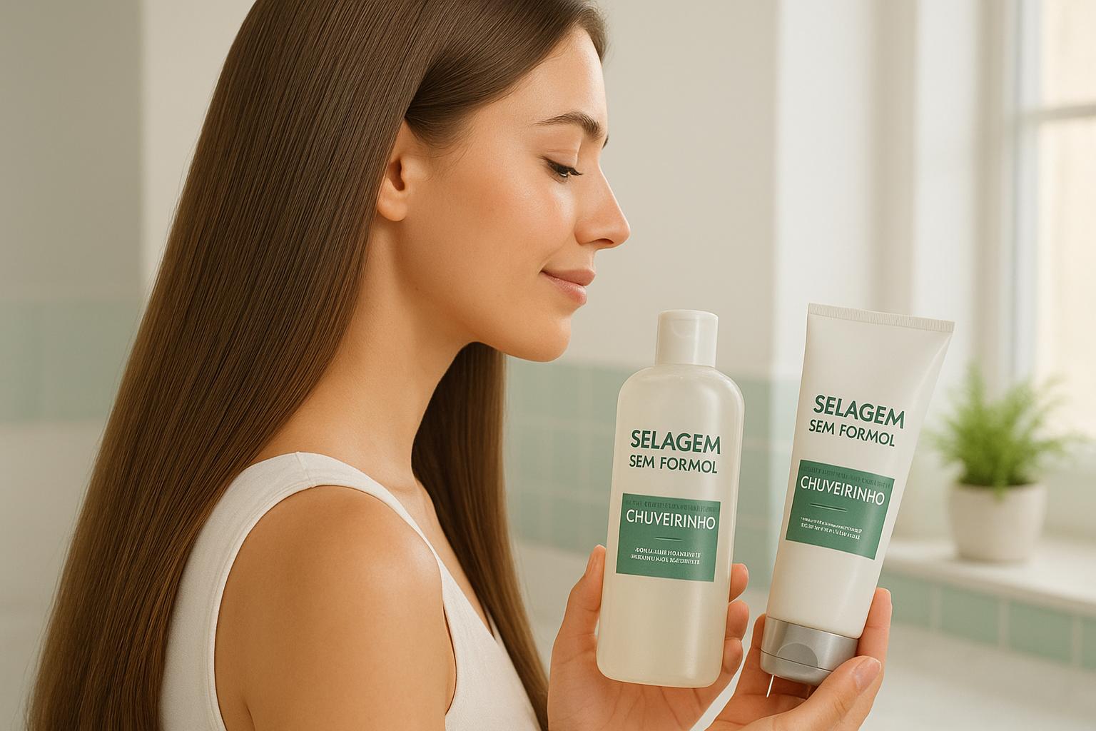 Kit Progressiva sem formol Chuveirinho: shampoo, ativo alisante e máscara pós‑química para alisamento seguro, sem frizz, com brilho intenso e praticidade em casa. (imagem gerada com inteligência artificial)