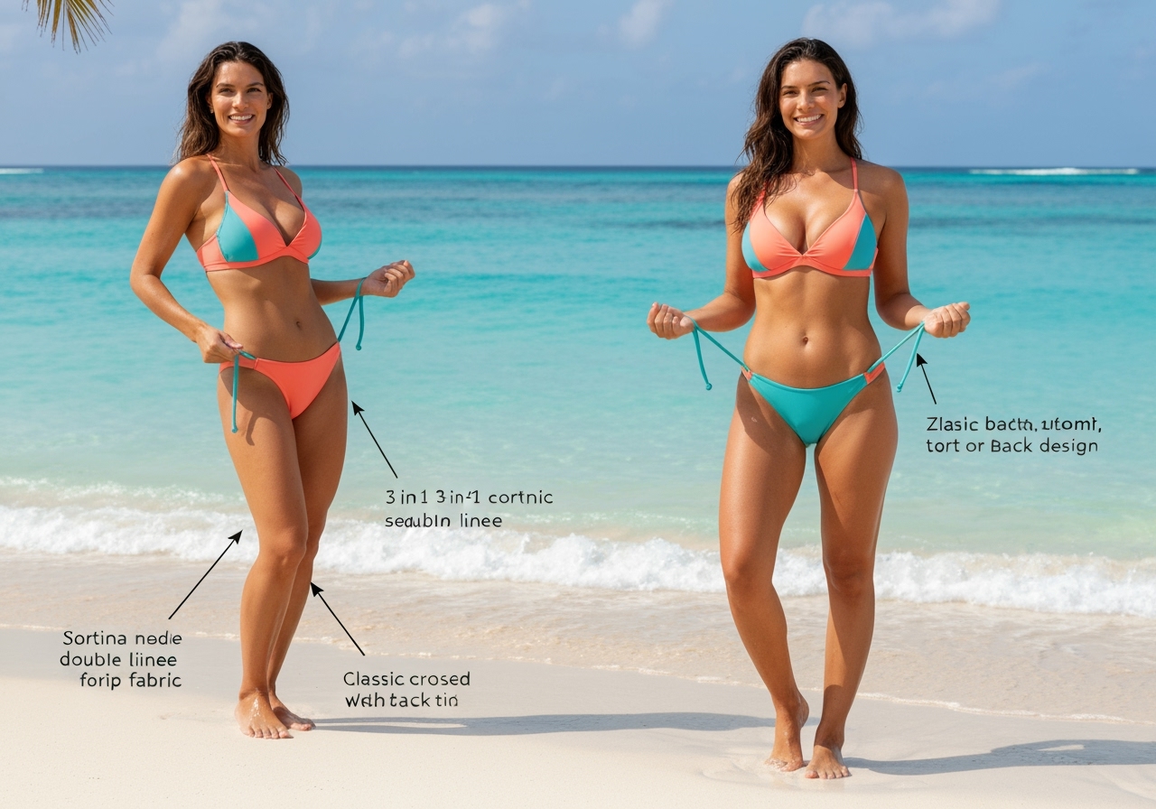 Descubra o biquíni 3 em 1 orgânico, forrado duplo e sem bojo, com amarração ajustável e design leve para o verão. Ideal para quem busca moda praia confortável. (imagem gerada com inteligência artificial)