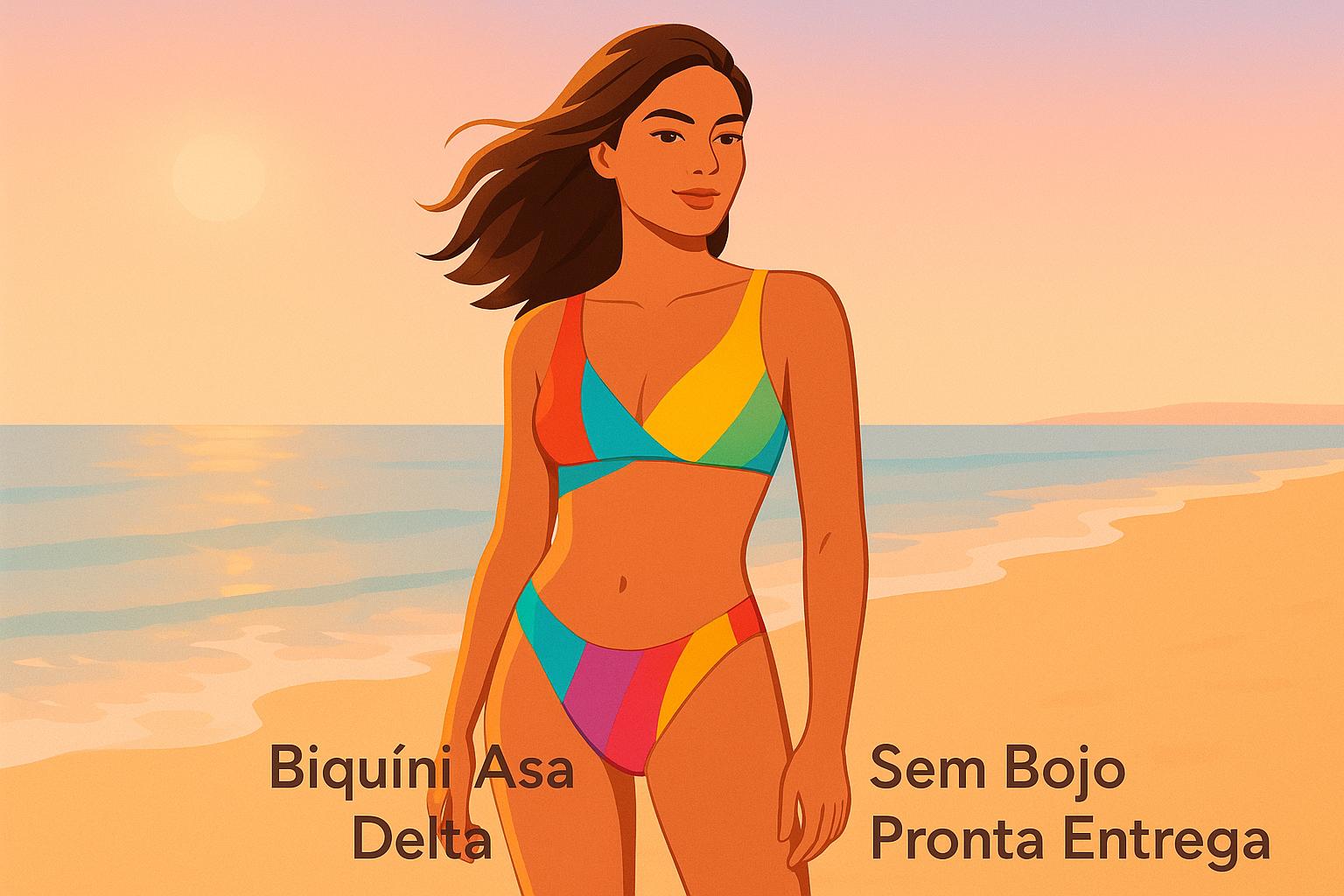 Descubra o biquíni Asa Delta sem bojo em cores vibrantes: 98% poliéster, 2% elastano, tamanho único, pronto para entrega, devolução gratuita. (imagem gerada com inteligência artificial)
