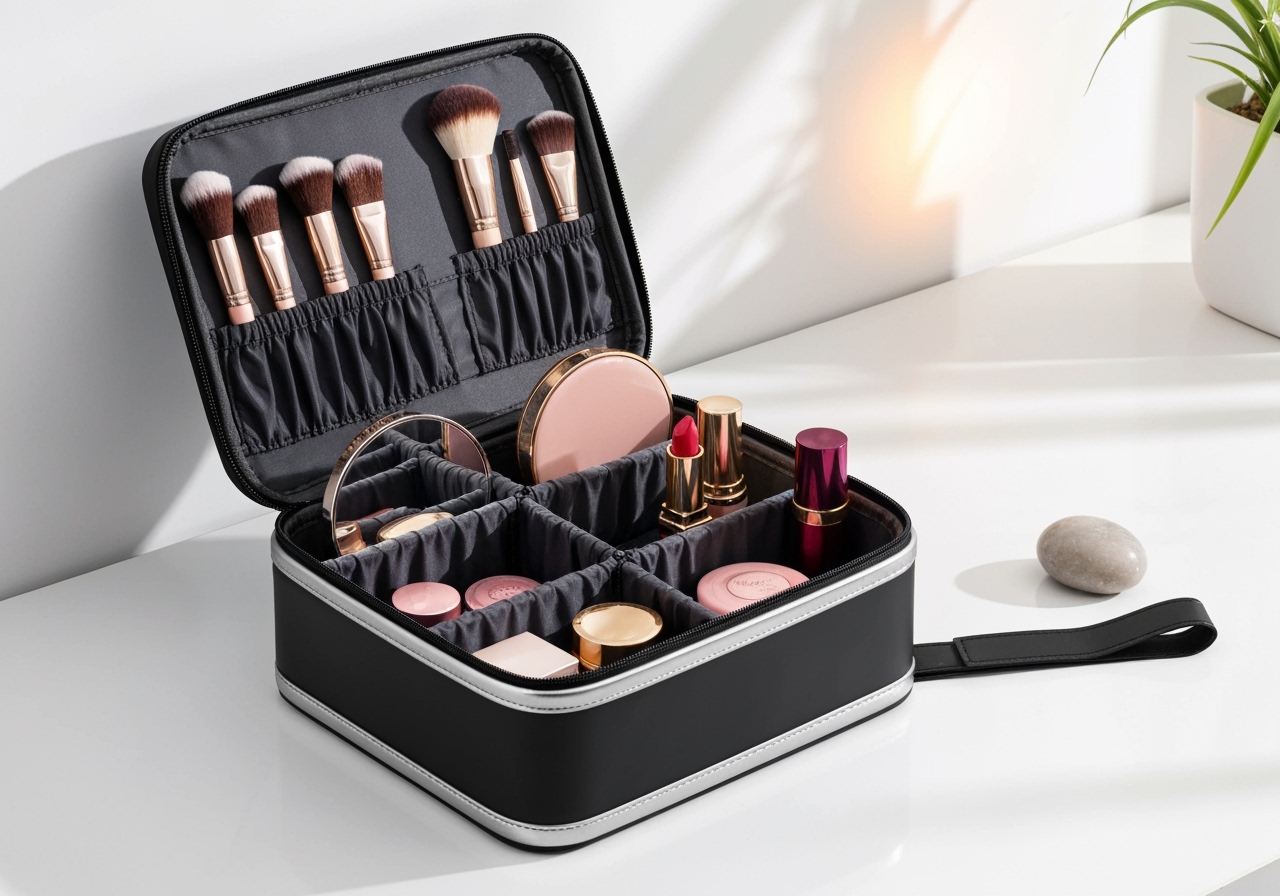 Bolsa de Maquiagem 3‑em‑1 em PU: protege contra umidade, design elegante, compartimentos inteligentes. Profissionais ou uso diário, mantenha tudo organizado. (imagem gerada com inteligência artificial)