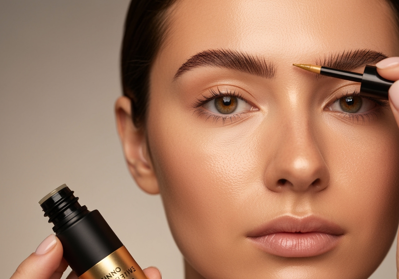 Descubra a Henna Pronta Indiana Beauty 4g: sobrancelhas definidas em castanho, médio, escuro, preto ou ruivo. Fórmula sem chumbo, amônia e ponteira de precisão. (imagem gerada com inteligência artificial)