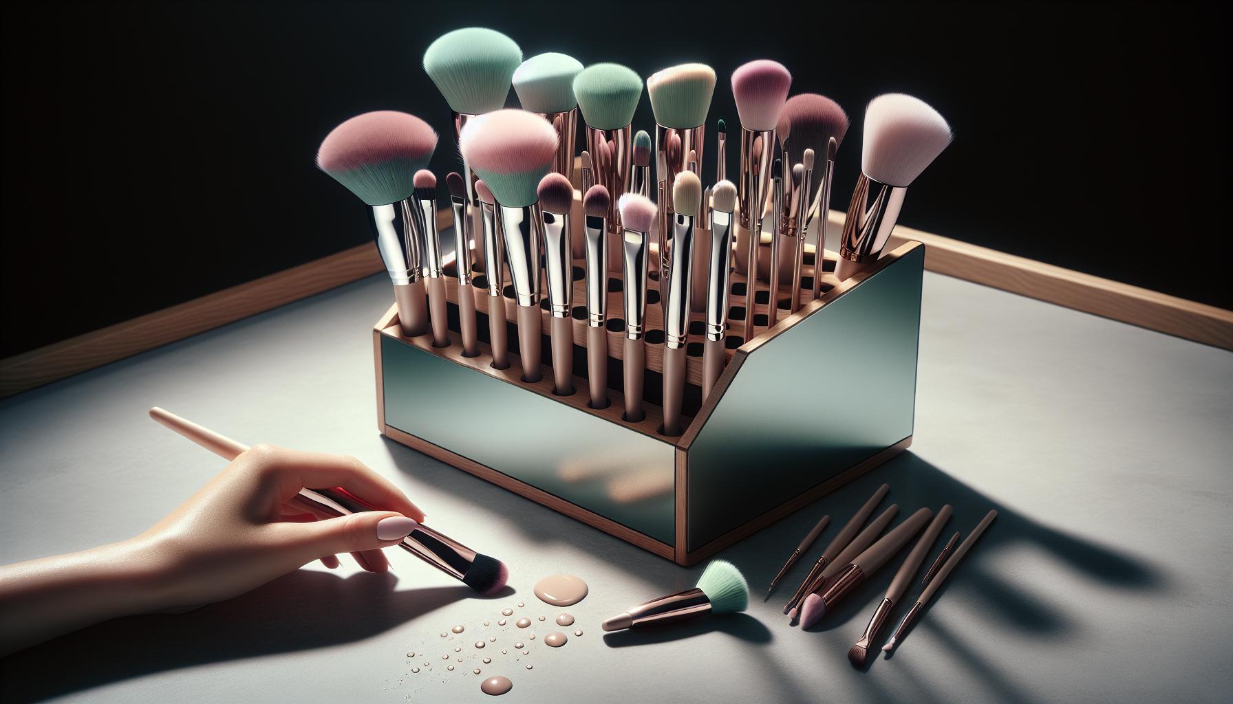 Kit completo de 15 pincéis profissionais para sombra, base e contorno. Versátil, com estojos práticos, ideal para aplicação perfeita em todo o rosto. (imagem gerada com inteligência artificial)