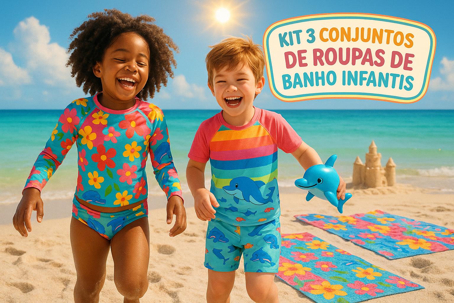 Kit 3 biquínis sublimados com estampas coloridas e 100% conforto. Perfeito para o verão infantil e ideal como presente para meninas, com tecido que não desbota. (imagem gerada com inteligência artificial)