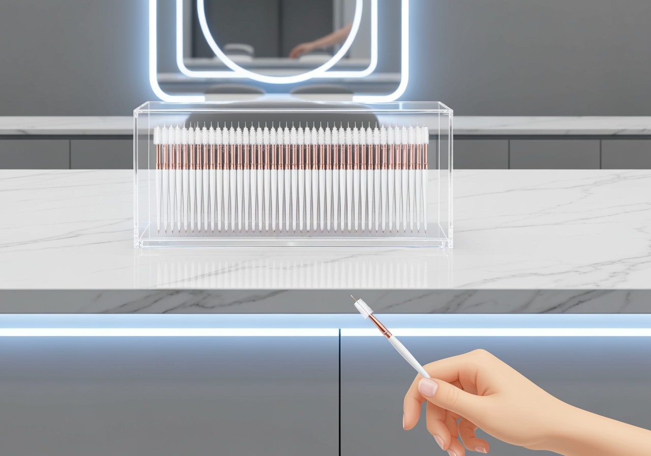 Kit 500 microbrushes com cotonetes para alongamento de cílios fio a fio. Design compacto, aplicação precisa e envio imediato em menos de 12h. (imagem gerada com inteligência artificial)