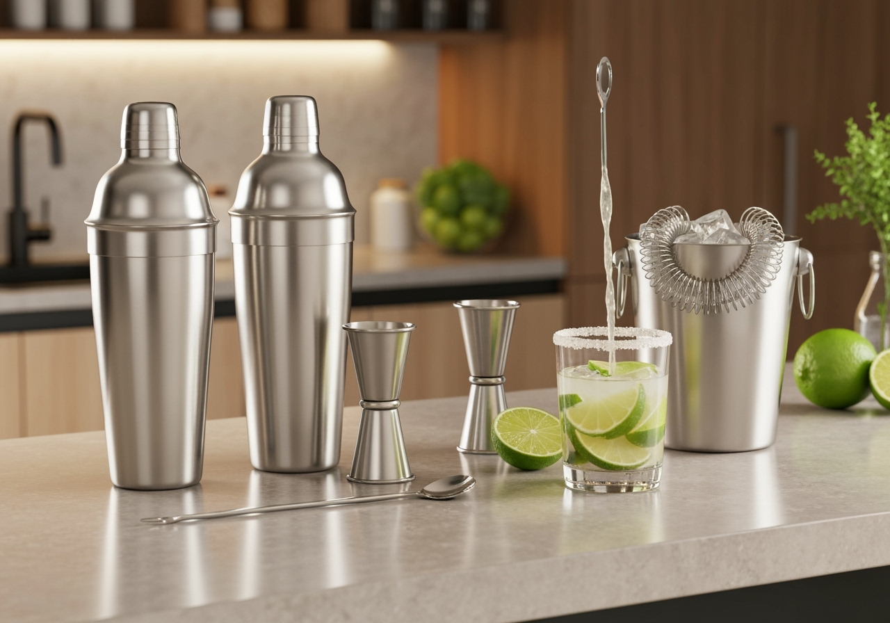 Kit Caipirinha Bartender 7 peças inox: coqueteleira 750ml, socador, dosador, balde, colher, pegador e peneira. Praticidade, elegância e bebidas geladas por mais tempo. (imagem gerada com inteligência artificial)