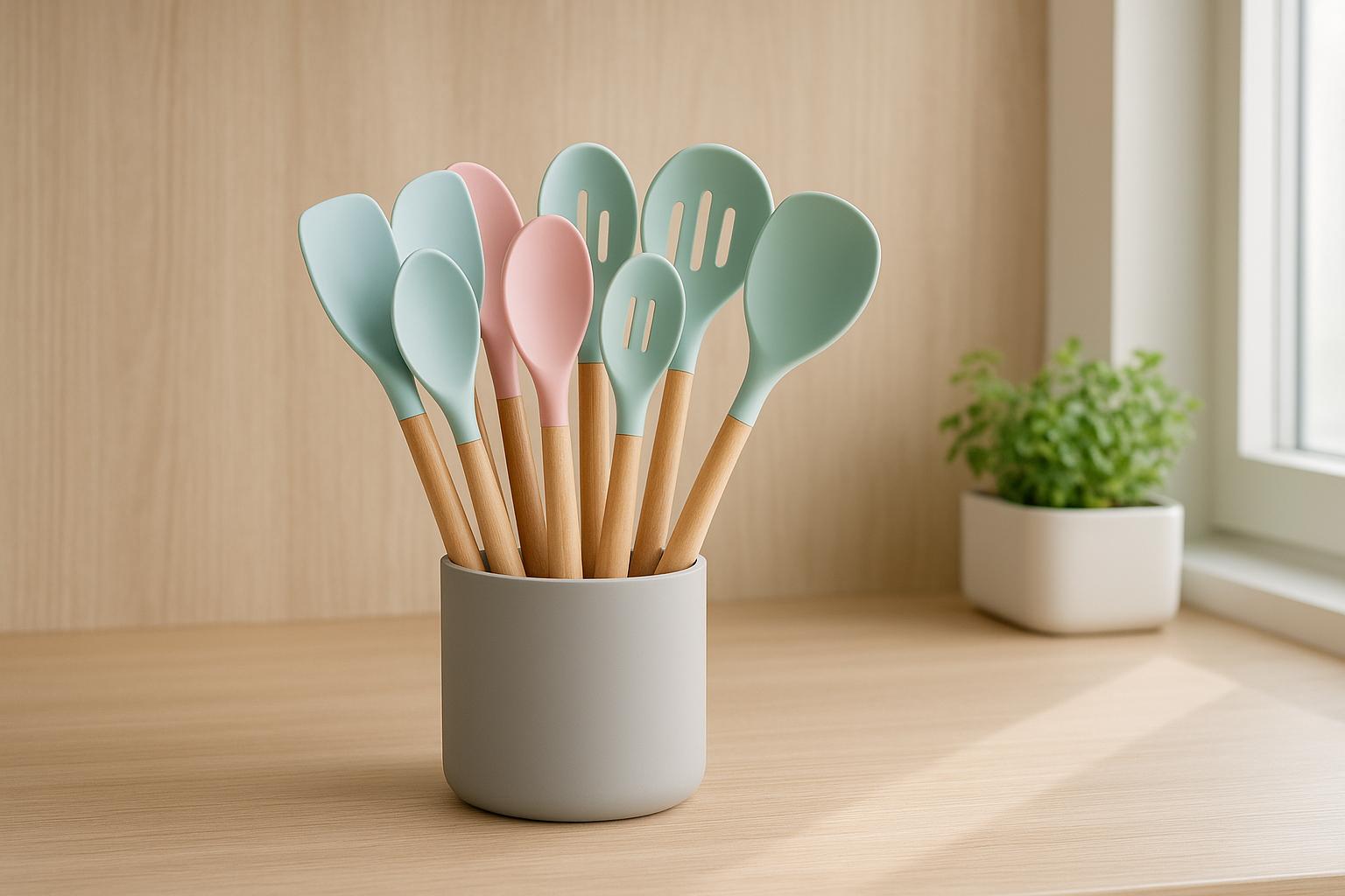 Kit completo de 19 utensílios em silicone de grau alimentício com cabos de madeira natural, resistente a altas temperaturas, lavável na máquina e eco‑sustentável. (imagem gerada com inteligência artificial)