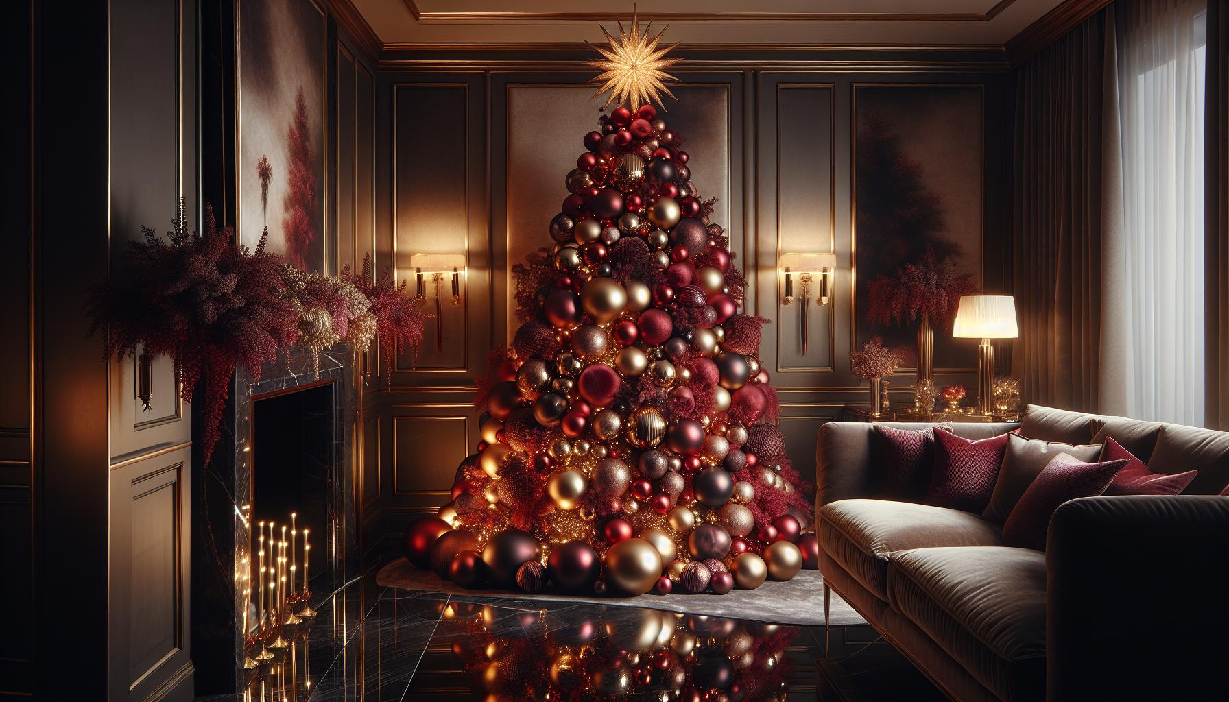 Transforme sua árvore com o Kit 100 enfeites: bolas vermelhas, douradas, fosca, e estrela dourada – decoração completa e elegante para o Natal. (imagem gerada com inteligência artificial)