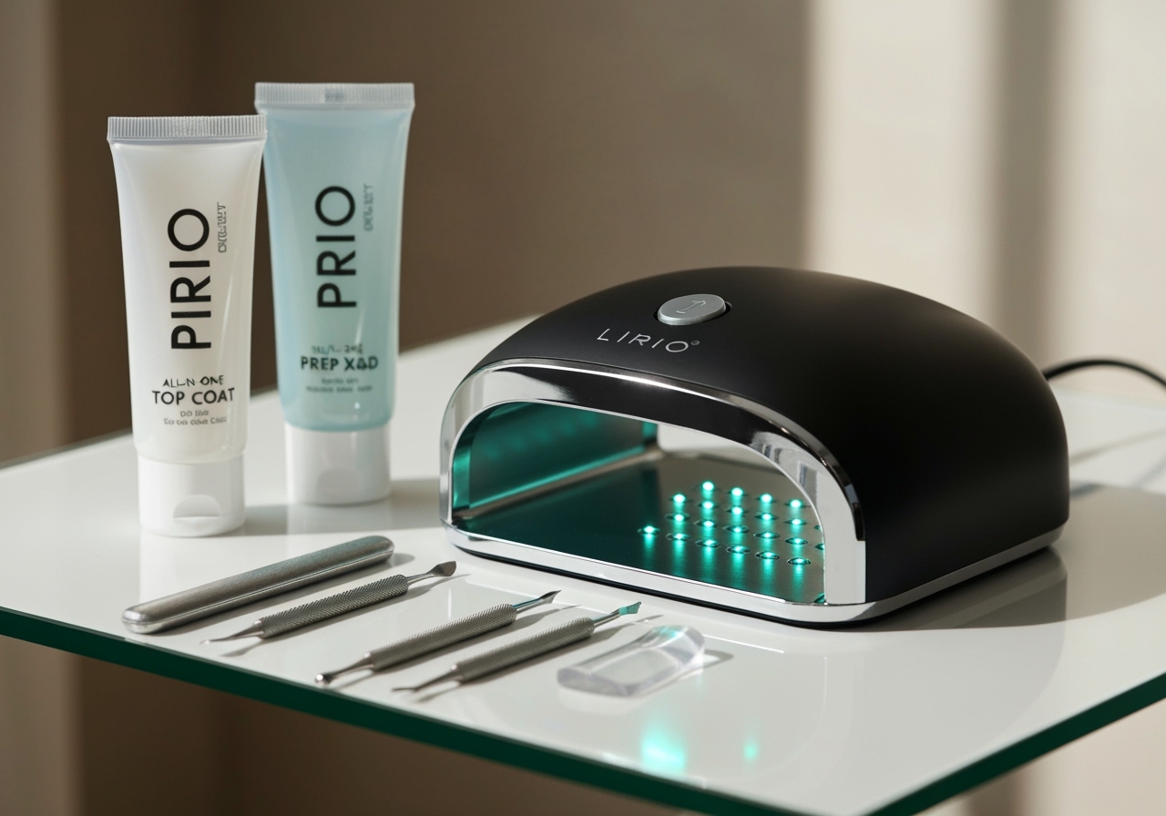 Descubra o kit completo Lirio Prime, com top coat gel 120ml, prep e LED/UV, perfeito para iniciantes que buscam unhas impecáveis. Garanta já! (imagem gerada com inteligência artificial)