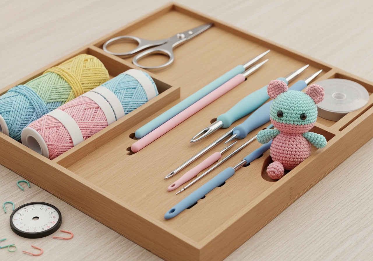 Descubra o Kit Crochê Completo de 53 peças: agulhas, cabo soft, tesoura e acessórios Lar das Fitas, ideal para criar amigurumis incríveis. (imagem gerada com inteligência artificial)