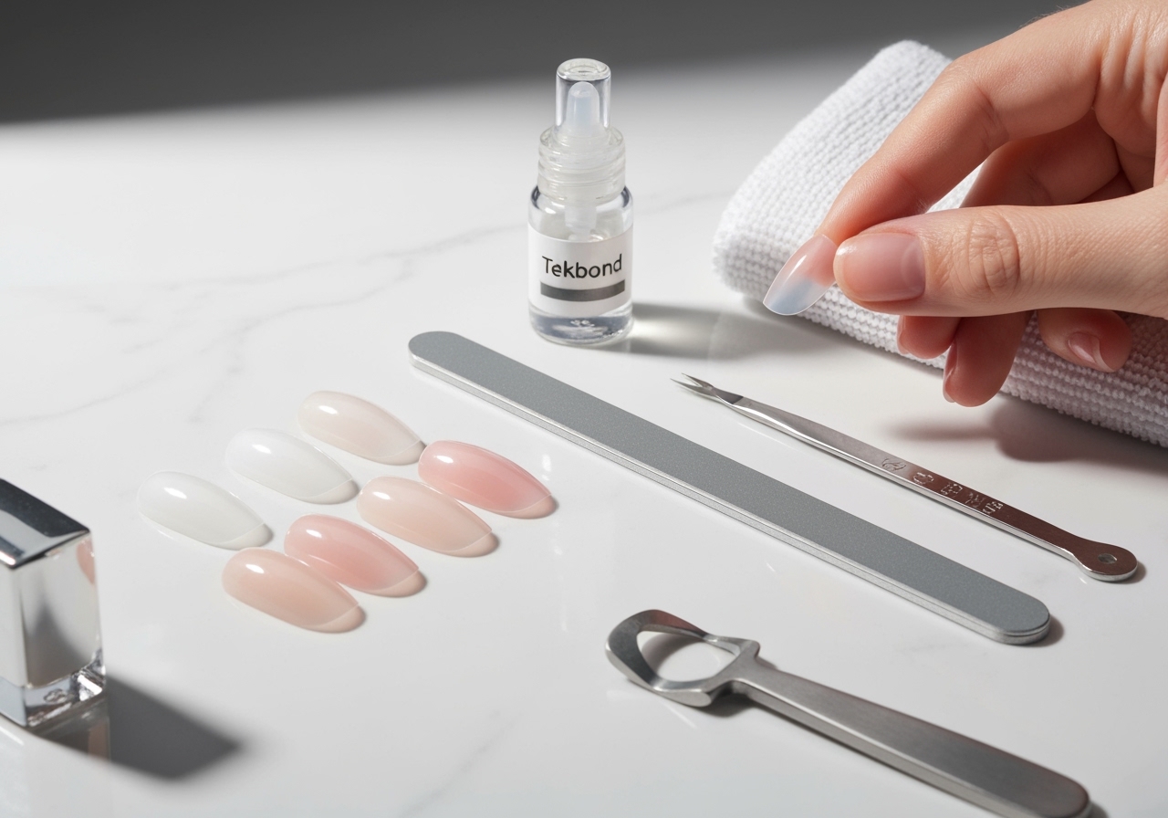 Descubra tudo sobre o kit completo de alongamento de unhas: unha postiça, alicate, tekbond e lixa. Guia prático para resultados profissionais e duradouros. (imagem gerada com inteligência artificial)