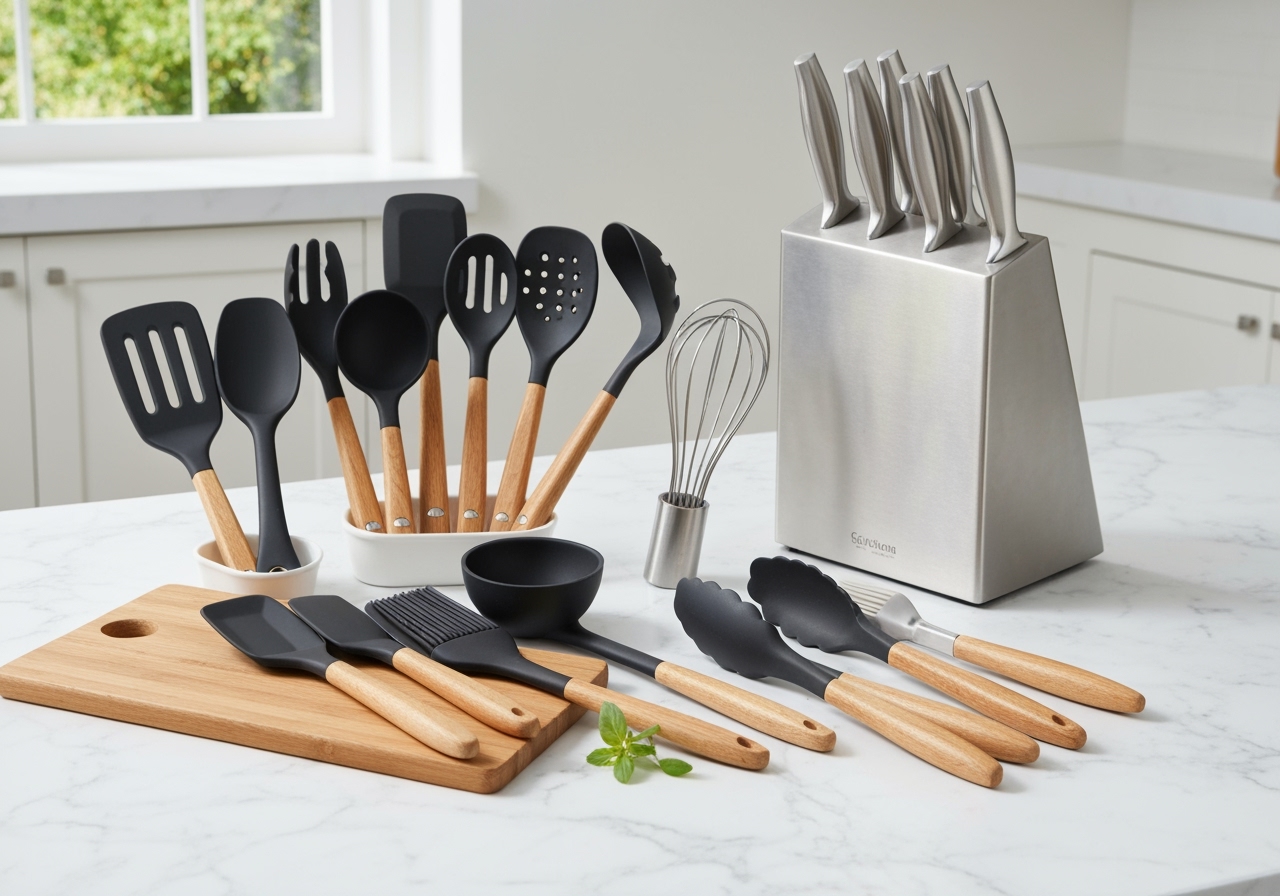 Kit 19 peças de silicone com cabos de madeira: antiaderente, resistente ao calor, durável, fácil de limpar e lavável na máquina. Design moderno e 32 cm de comprimento. (imagem gerada com inteligência artificial)