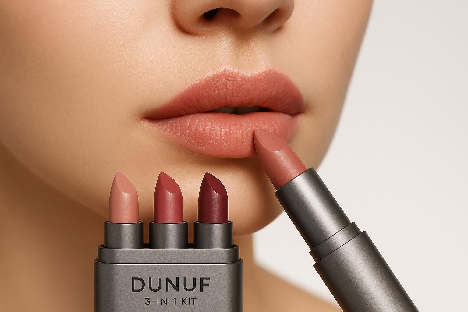 Kit 3 em 1 da DUNUF: lápis labial fosco, à prova d'água, de longa duração e com 14 tons universais. Prático, econômico e com frete grátis acima de R$13. (imagem gerada com inteligência artificial)