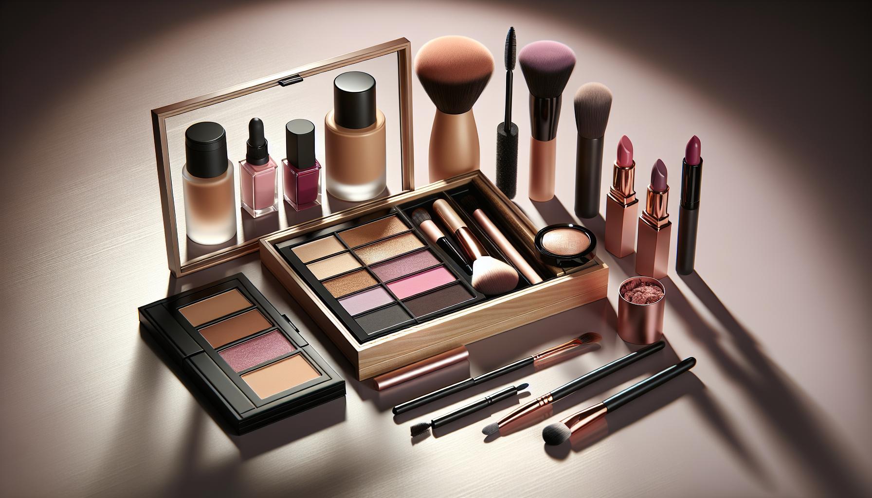 Descubra o kit de maquiagem blogueira: 10 itens essenciais—esponja, blush, iluminador, pó banana, contorno, sombra, batom, lápis, máscara + pincéis. Frete grátis! (imagem gerada com inteligência artificial)