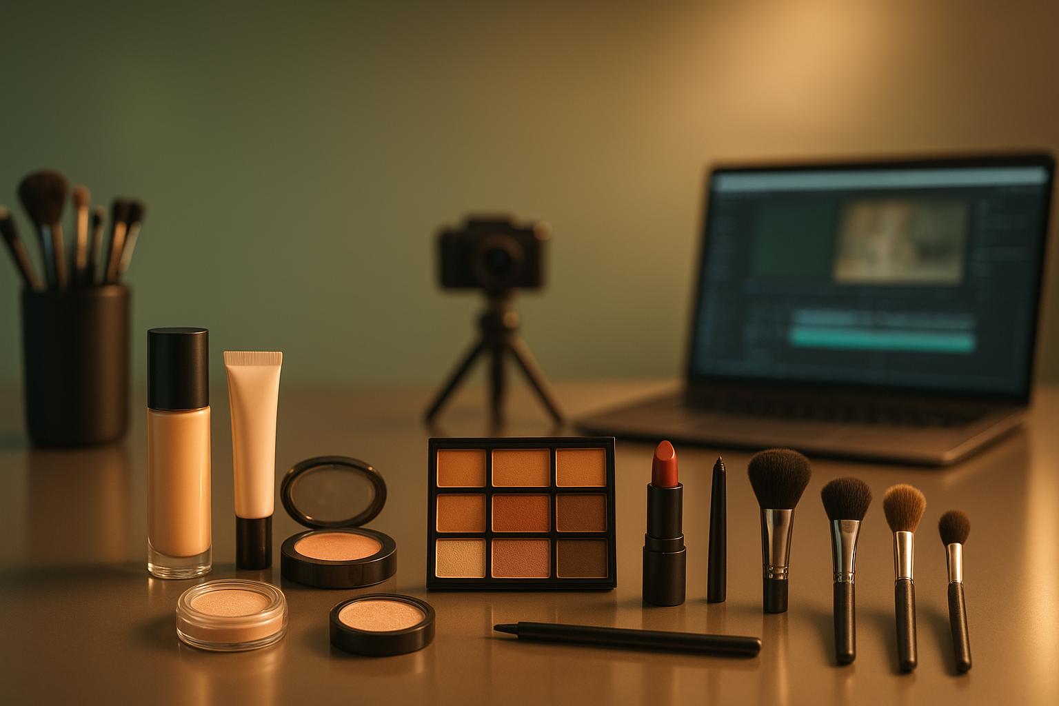 Kit de maquiagem 10 itens: esponja, blush, iluminador, pó banana, corretivo, sombra, batom, lápis, máscara e pincéis. Substituições aceitas. Frete grátis. (imagem gerada com inteligência artificial)