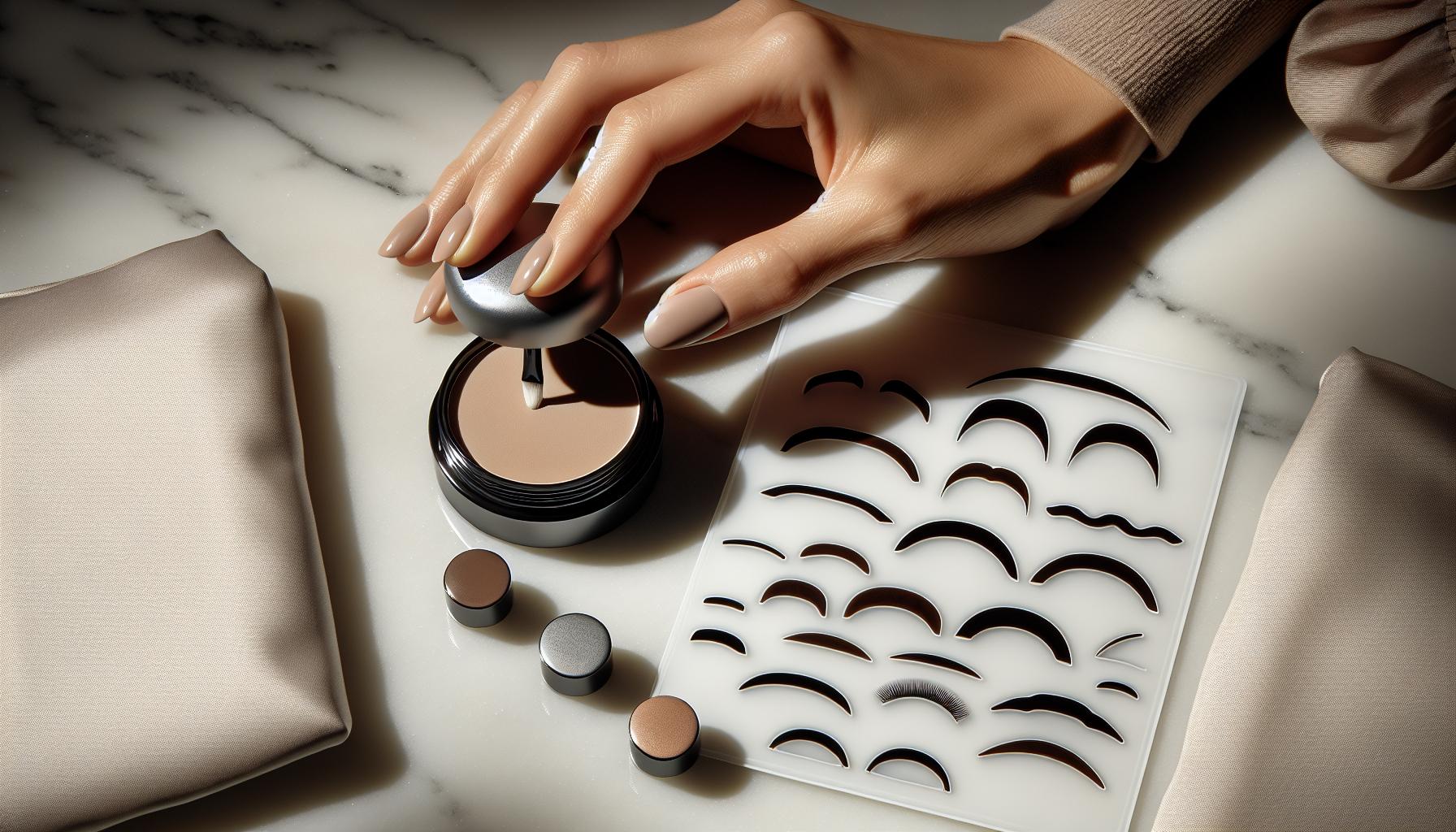 Kit de 10 estênceis reutilizáveis para sobrancelha em pó: textura fina, design de cabeça de cogumelo, cores naturais, aplicação rápida e sobrancelhas cheias e definidas. (imagem gerada com inteligência artificial)