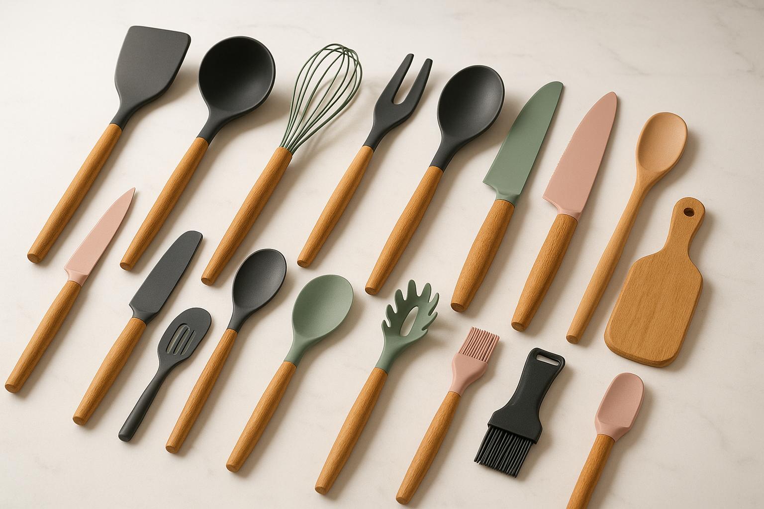 Kit de 19 utensílios em silicone com cabos de madeira: resistente a 230°C, livre de BPA, sem riscos nas panelas, lavável na lava‑louças. (imagem gerada com inteligência artificial)