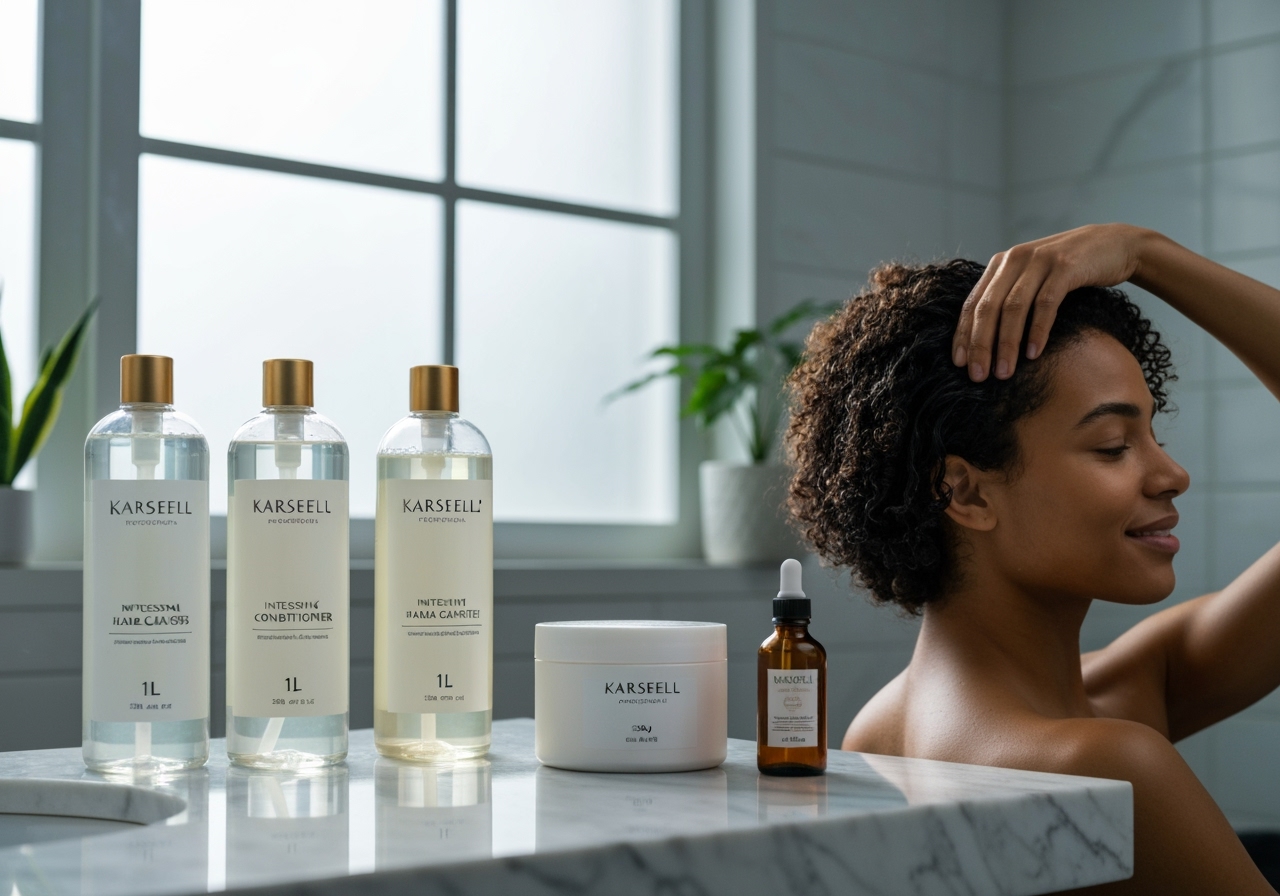 Kit Karseell Profissional Intenso: shampoo 1L, condicionador 1L, máscara 500g e óleo 50ml. Cabelos hidratados, macios, com brilho de salão em casa, intenso. (imagem gerada com inteligência artificial)