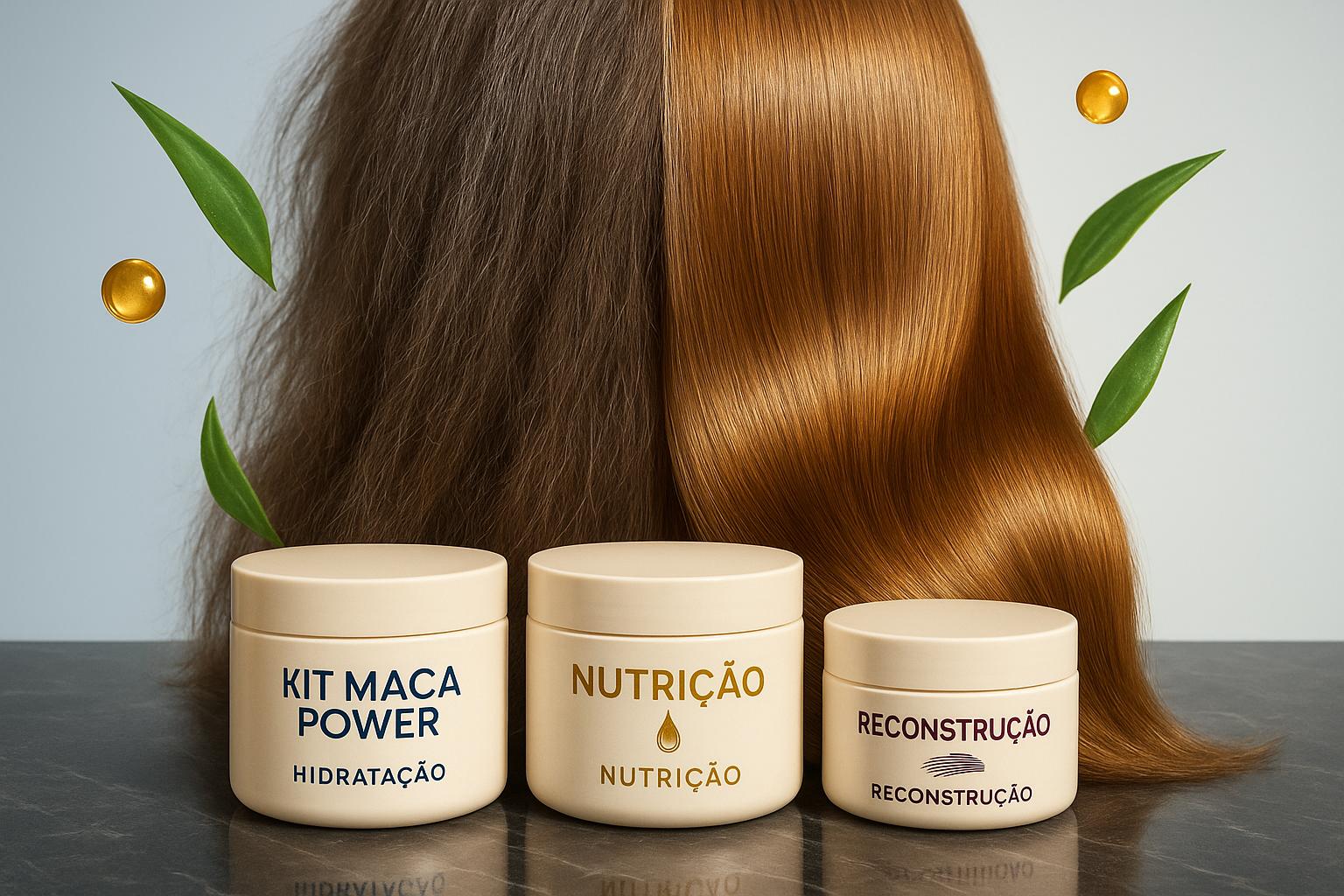 Descubra o Kit Maca Power: 3 máscaras (hidratação, nutrição e reconstrução) de 300g que rejuvenescem fios, restauram brilho, força e maciez com vitaminas, aloe e argan. (imagem gerada com inteligência artificial)