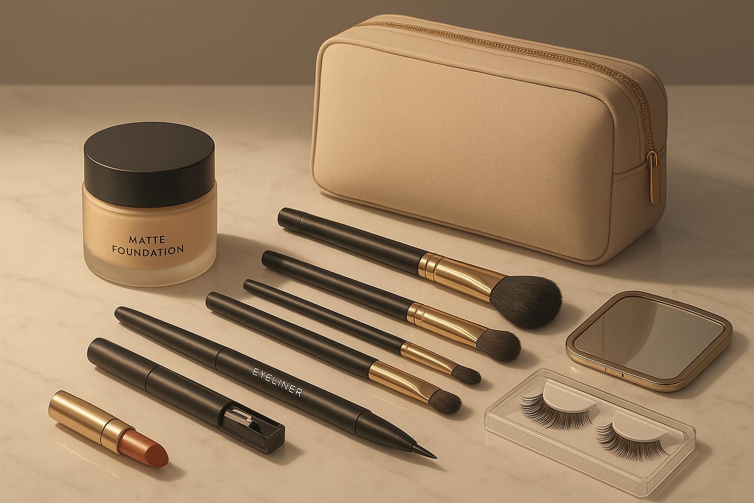 Kit Maquiagem Básico: base matte, lápis preto, pincéis (sombra, corretivo, iluminador, esfumar, pó) + cílios postiços. Prático, completo e custo-benefício. (imagem gerada com inteligência artificial)