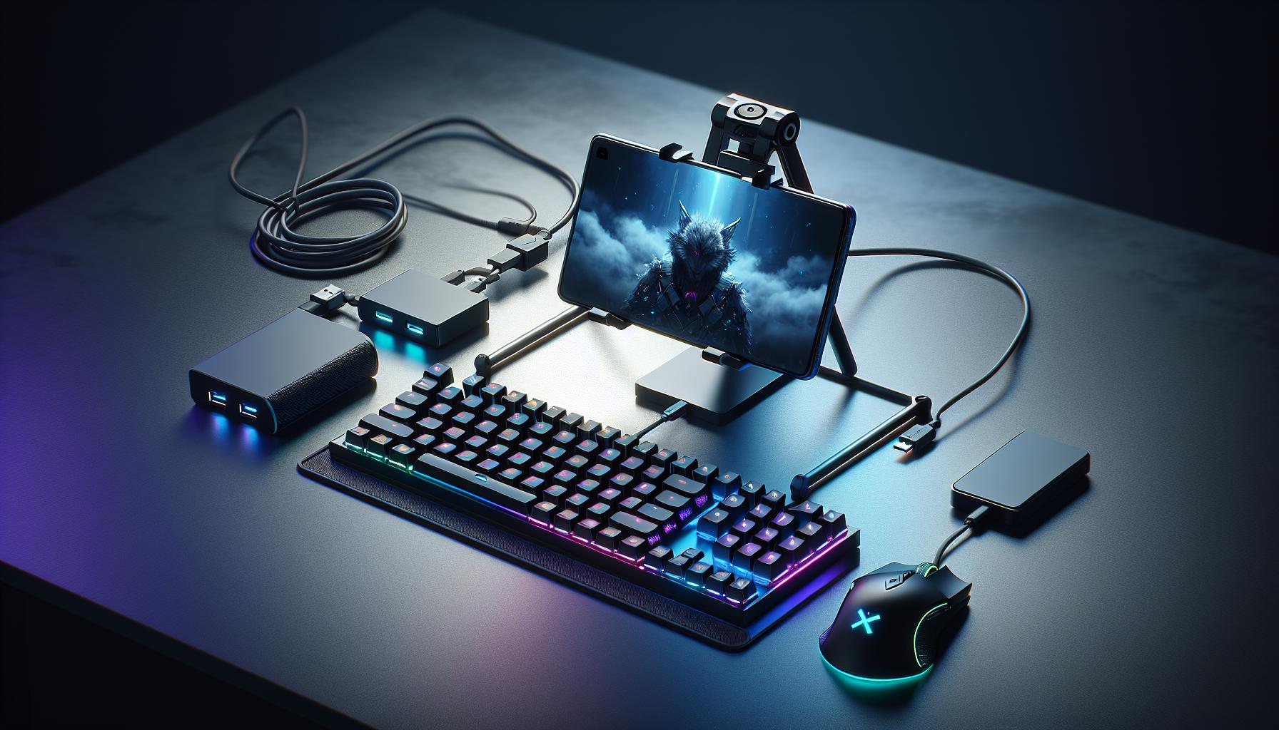 Kit Mobilador One Hand Gamer completo: teclado anti-ghost RGB, mouse 1600 DPI, hub USB 2.0, suporte tripé, cabos OTG Tipo C/Micro USB, ideal para mobile gaming. (imagem gerada com inteligência artificial)