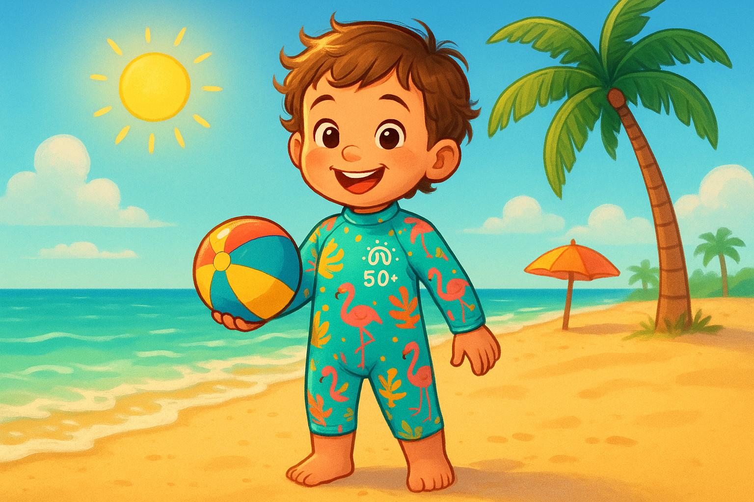 Maiô infantil de manga longa UV 50+ bloqueia até 98% dos raios UVA/UVB, mantém proteção após lavagens, forrado e combina conforto com estilo infantil. (imagem gerada com inteligência artificial)