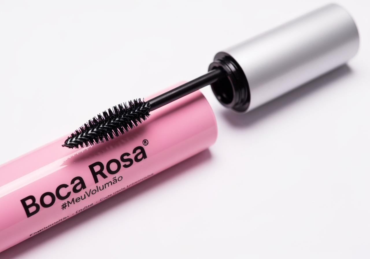 Descubra a Máscara Payot Boca Rosa #MeuVolumão: tecnologia Tubo, curvatura definida, volume natural, longa duração e fórmula com ceras especiais. Olhar marcante! (imagem gerada com inteligência artificial)