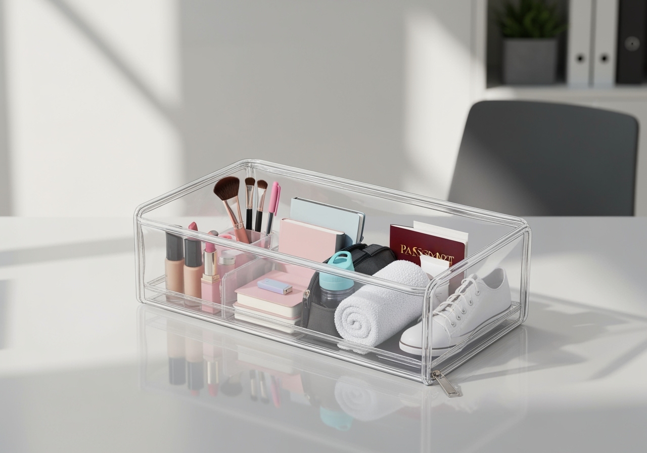 Organize tudo com o Nécessaire transparente em plástico: compacto, leve, com zíper seguro, ideal para enfermagem, maquiagem, escola e academia. (imagem gerada com inteligência artificial)