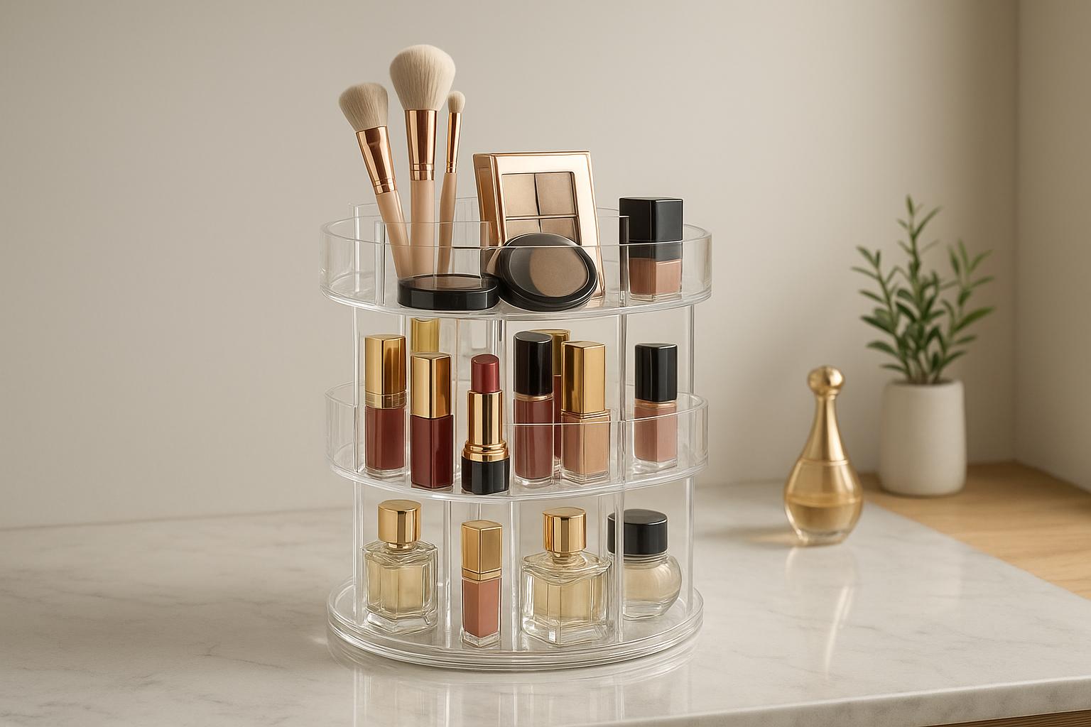 Organizador de maquiagem acrílico 360º: giratório, com divisórias ajustáveis, facilita e mantém cosméticos organizados, trazendo praticidade elegância à bancada. (imagem gerada com inteligência artificial)