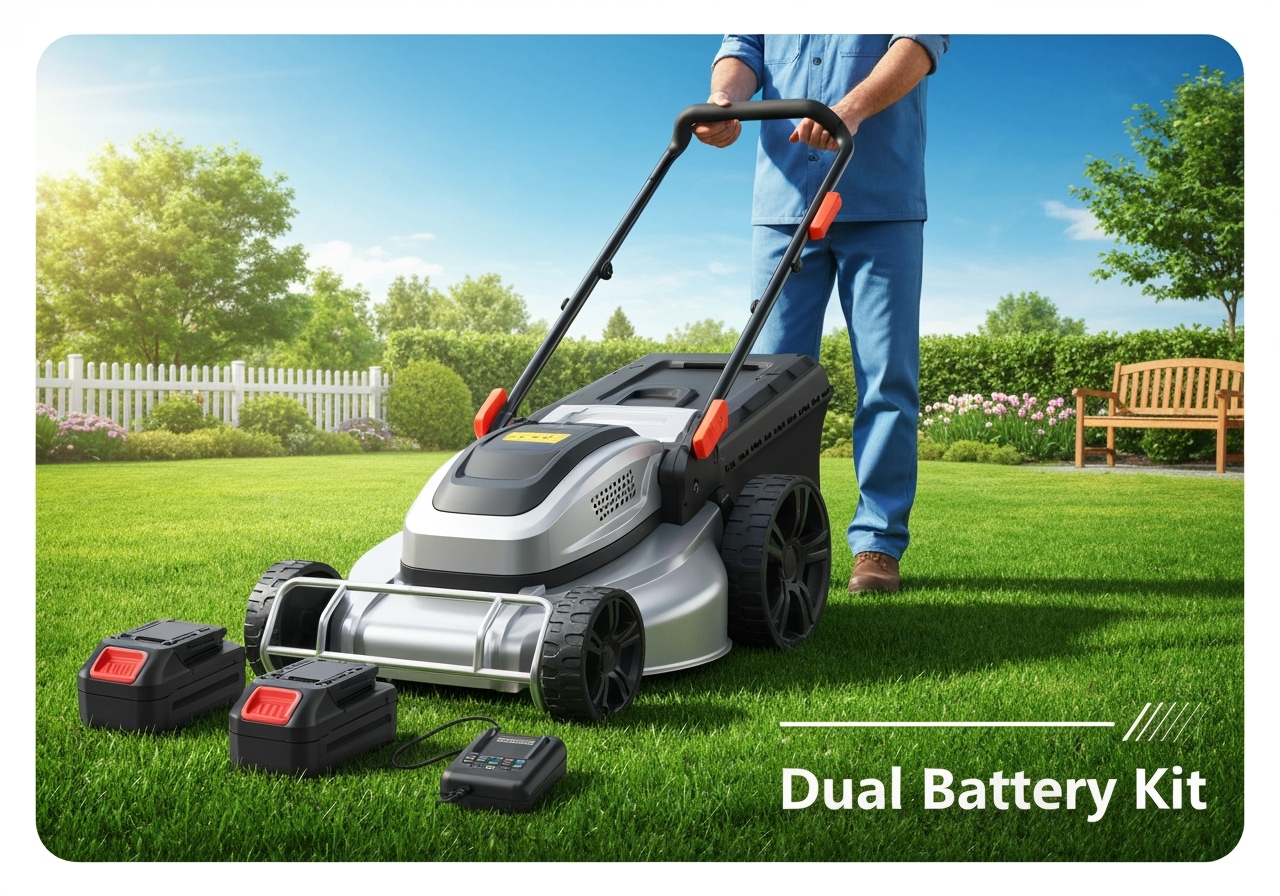 Roçadeira Aparador Cortador de Grama Elétrico Bivolt 110/220V com 2 baterias recarregáveis, kit completo, ideal para aparar e cortar bordas em áreas pequenas, autonomia dupla. (imagem gerada com inteligência artificial)