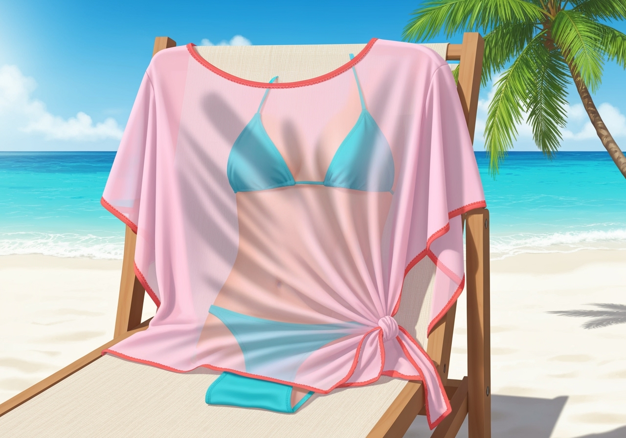 Saída de praia curta com nó, cobre biquíni e confere frescor. Tamanho aproximado 1,80 cm, entrega no mesmo dia e 42% OFF. Perfeita para dias quentes. (imagem gerada com inteligência artificial)