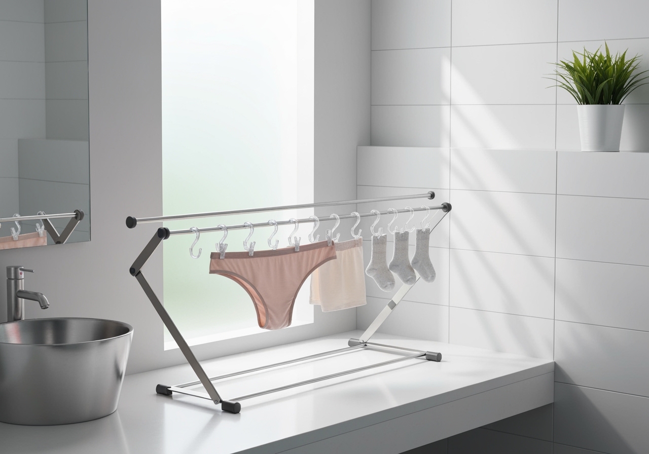 Descubra o varal íntimo dobrável, multiuso, com 16 ou 26 prendedores, perfeito para calcinha, cueca, sutiã, biquíni e meias. Prático e organizado para espaço. (imagem gerada com inteligência artificial)