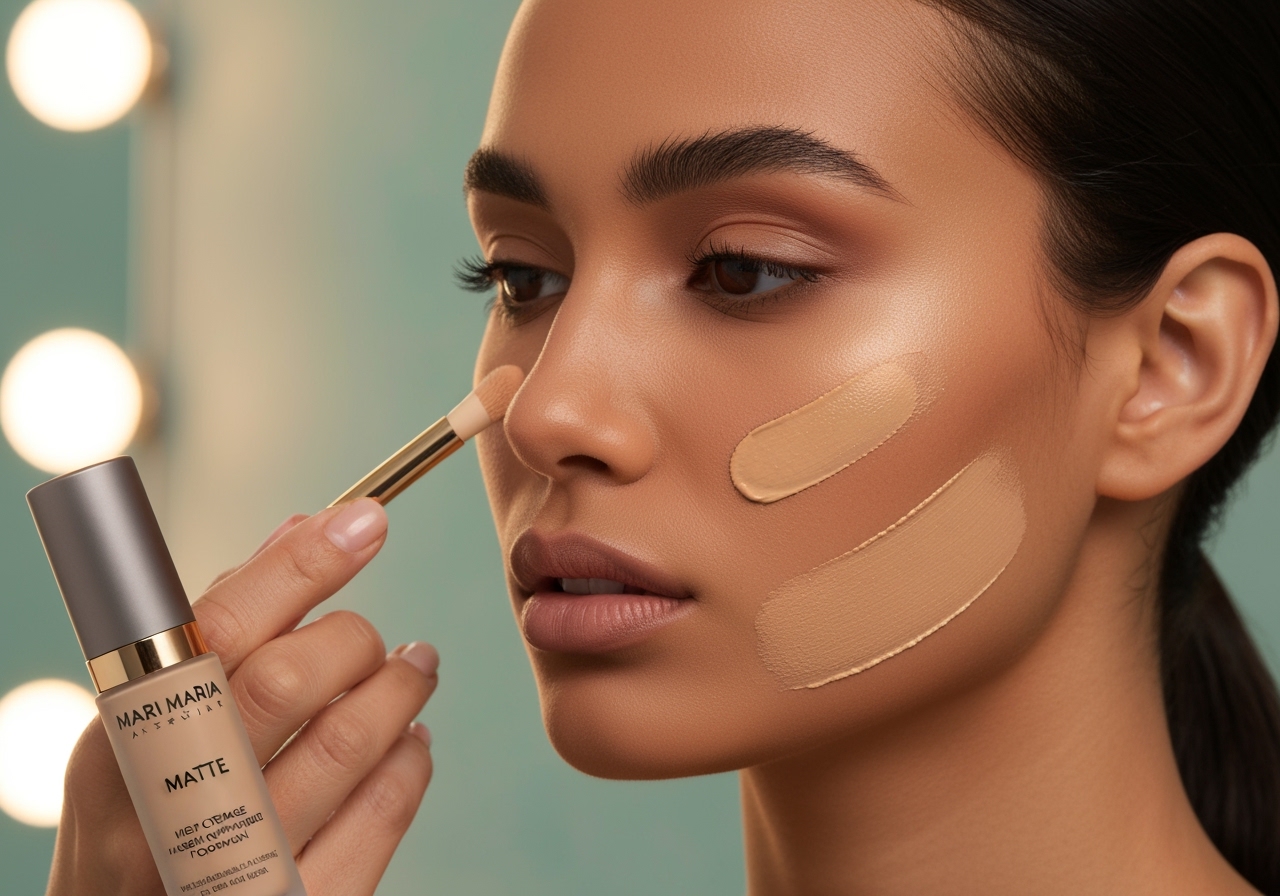 Descubra a Base e o Corretivo Matte da Mari Maria: cobertura impecável, acabamento natural e longa duração para uma pele perfeita. (imagem gerada com inteligência artificial)