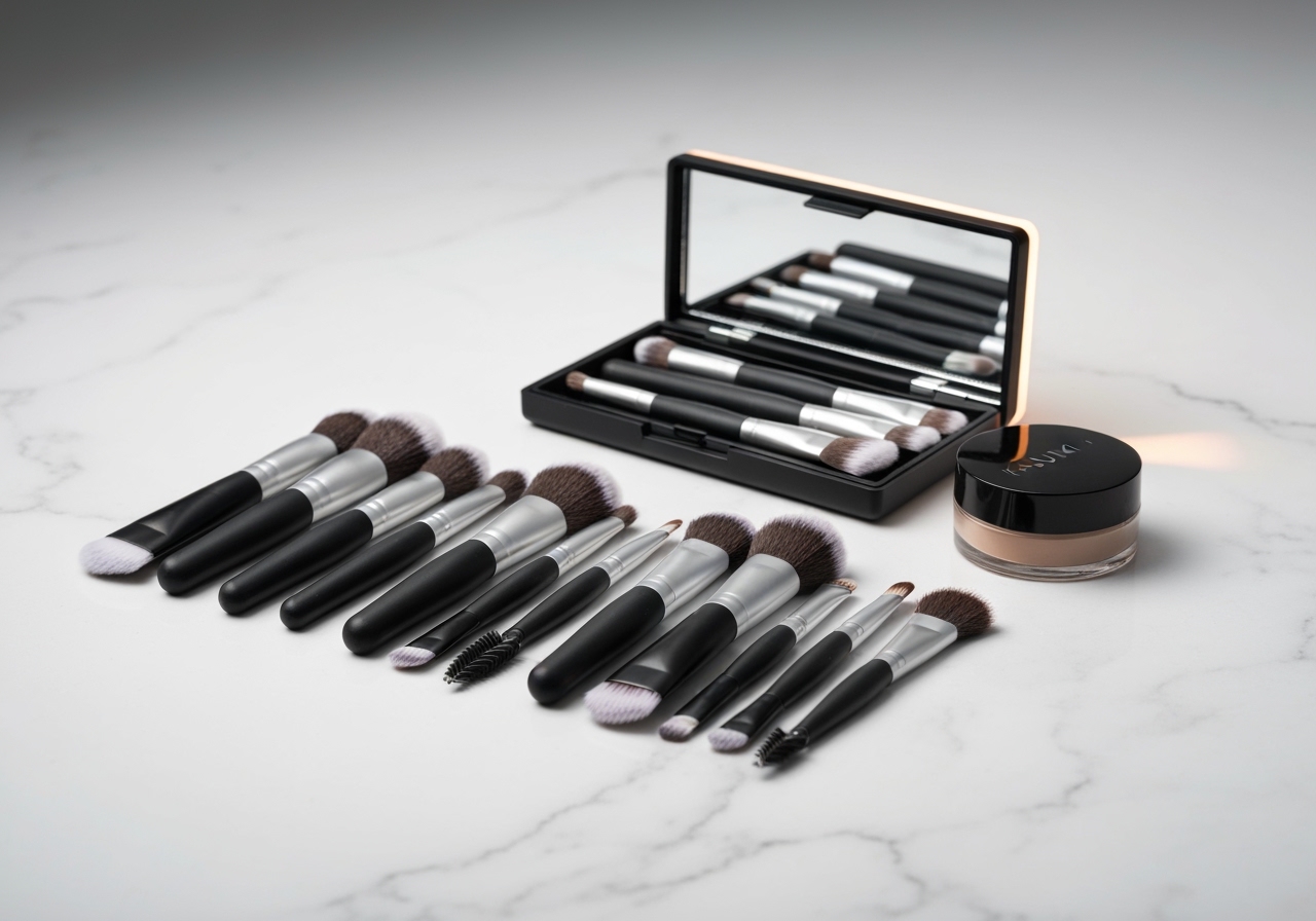 Descubra o Kit 13 Pcs Pincéis de Maquiagem Contorno Kabuki – qualidade profissional, design ergonômico e cerdas perfeitas para contorno preciso e duradouro. (imagem gerada com inteligência artificial)