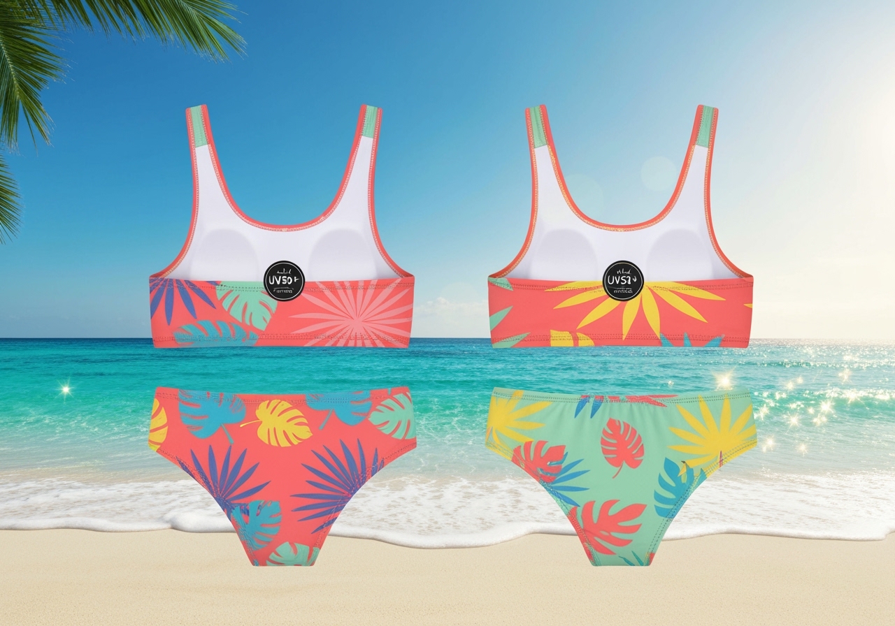 Kit de 2 biquínis UV‑50 para meninas 2‑16 anos. Estilo praia com proteção solar, cores vibrantes e conforto infantil. Ideal para dias de sol e diversão! (imagem gerada com inteligência artificial)