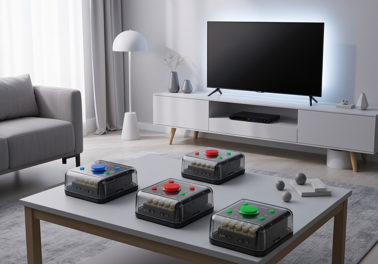 Descubra o kit completo de controles remotos 1, 2 e 3 para TV, com botões inteligentes, caixa e pilhas incluídas – praticidade e controle total. (imagem gerada com inteligência artificial)