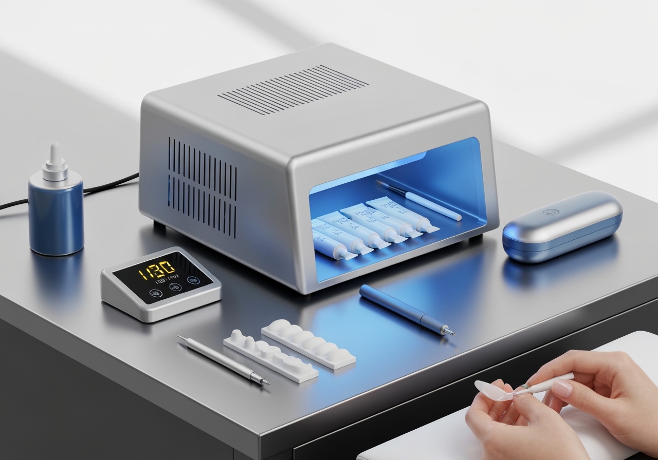 Descubra o Kit Polygel Completo Cabine Mini G 48W LED UV: tudo para unhas impecáveis, com lixadeira elétrica e caneta manicure. Performance e praticidade. (imagem gerada com inteligência artificial)