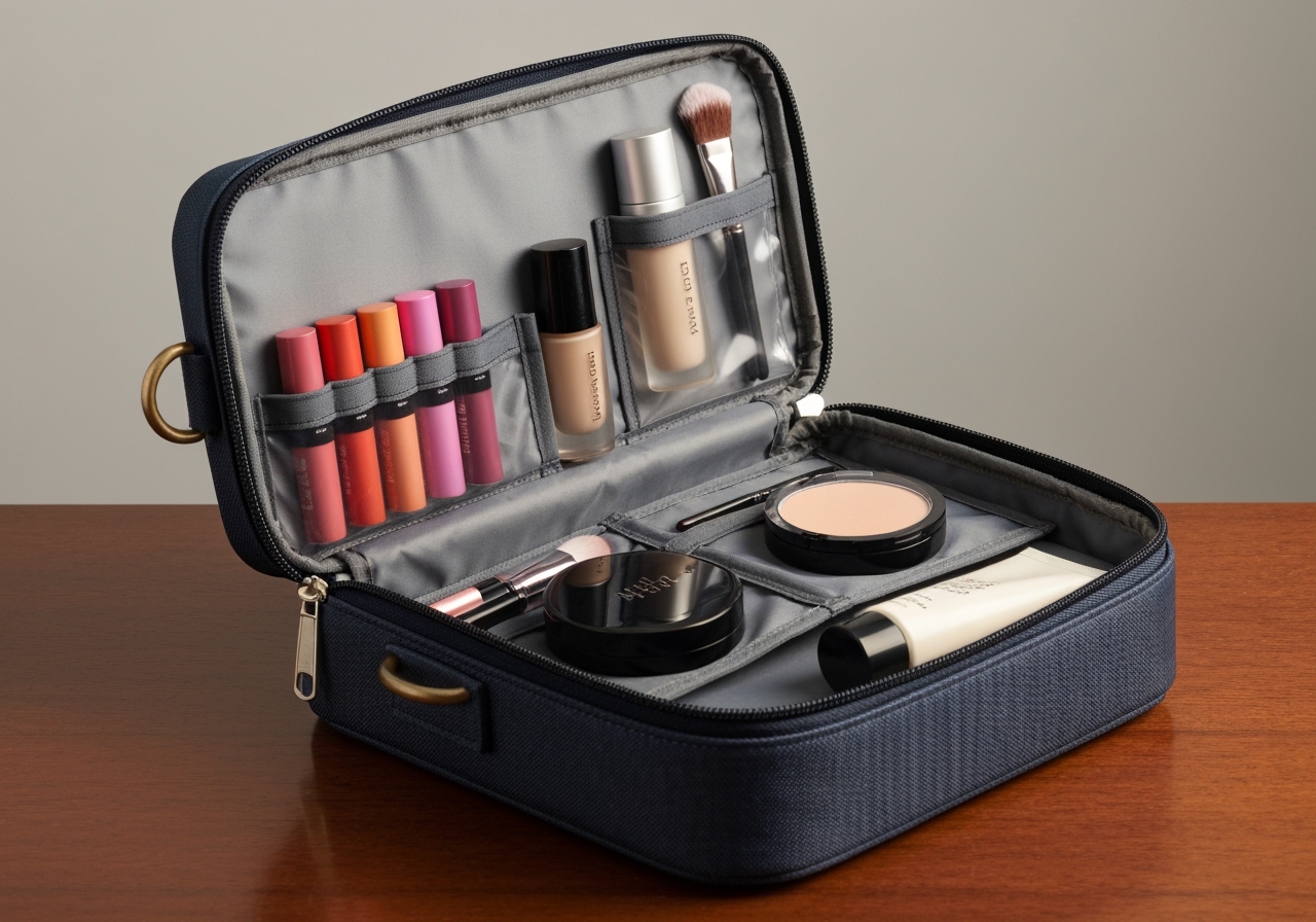 Descubra a Necessaire Organizador Cosmético Maquiagem Feminino ATP01: alta qualidade, design compacto, perfeito para viajar sem bagunça. (imagem gerada com inteligência artificial)