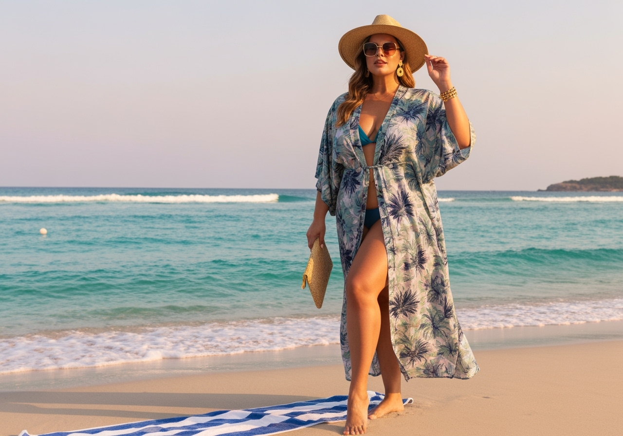 Descubra a saída de praia perfeita: biquíni elegante e sofisticado, ideal para mulheres plus size 44 a 50. Destaque sua silhueta com estilo e conforto. (imagem gerada com inteligência artificial)