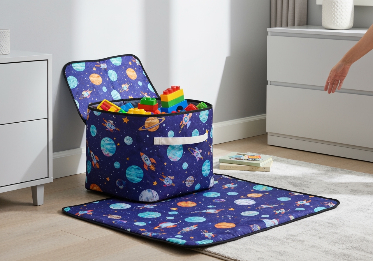 Organize a criança com estilo! Descubra o balde multifuncional, estampado com universo divertido, perfeito para guardar brinquedos e manter a sala limpa. (imagem gerada com inteligência artificial)