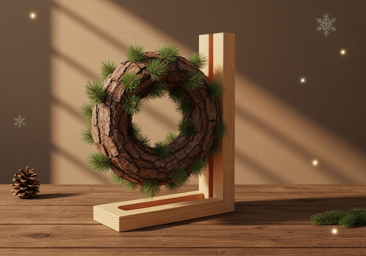 Decore sua casa com a guirlanda de Natal em madeira de pinus 15 cm, elegante e sustentável, acompanhada de suporte prático que destaca sua beleza natural. (imagem gerada com inteligência artificial)
