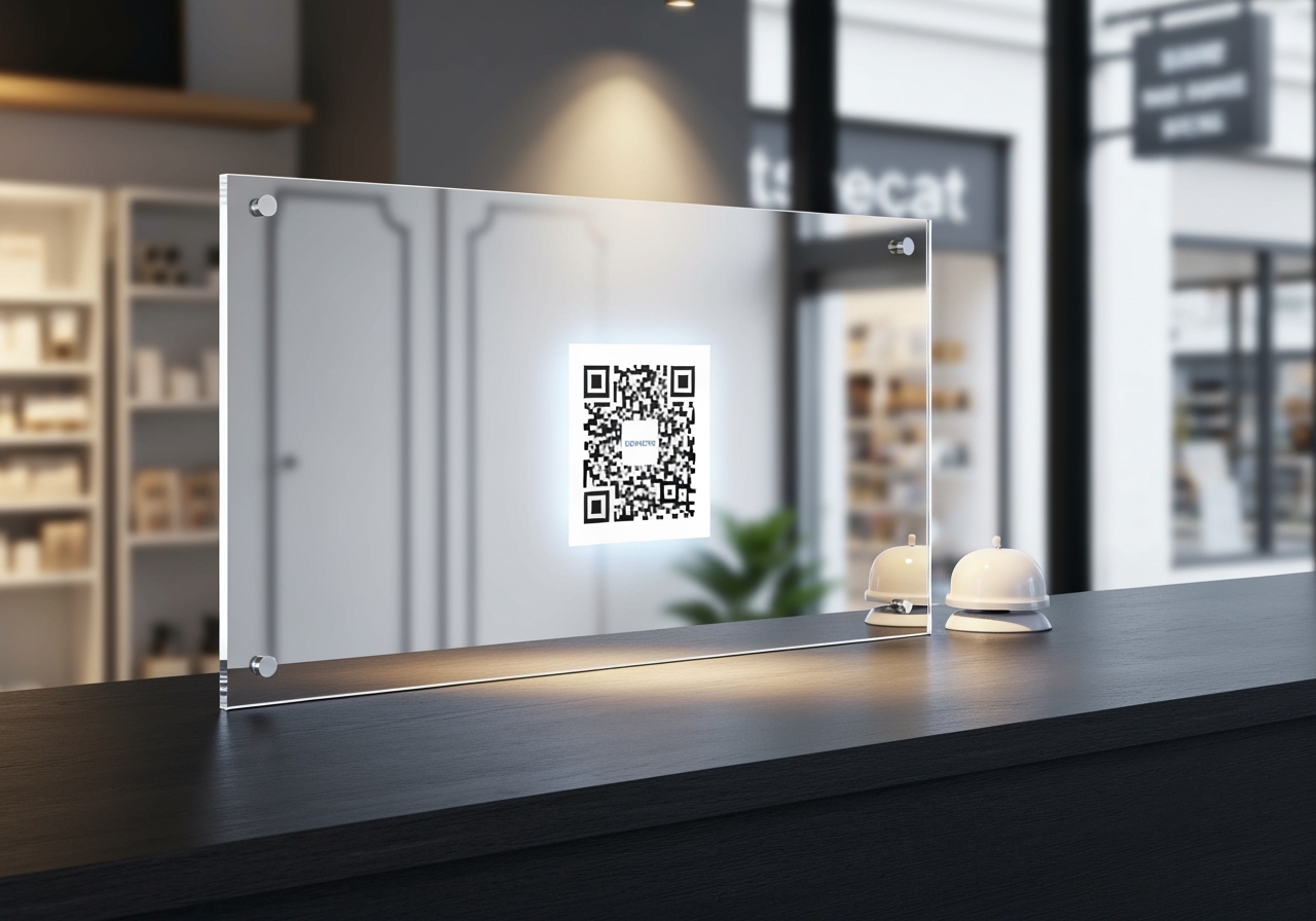 Kit Pix Personalizado QR Code + Placa Campainha em Acrílico Espelhado: modernidade, identificação clara e pagamentos rápidos num balcão elegante. (imagem gerada com inteligência artificial)