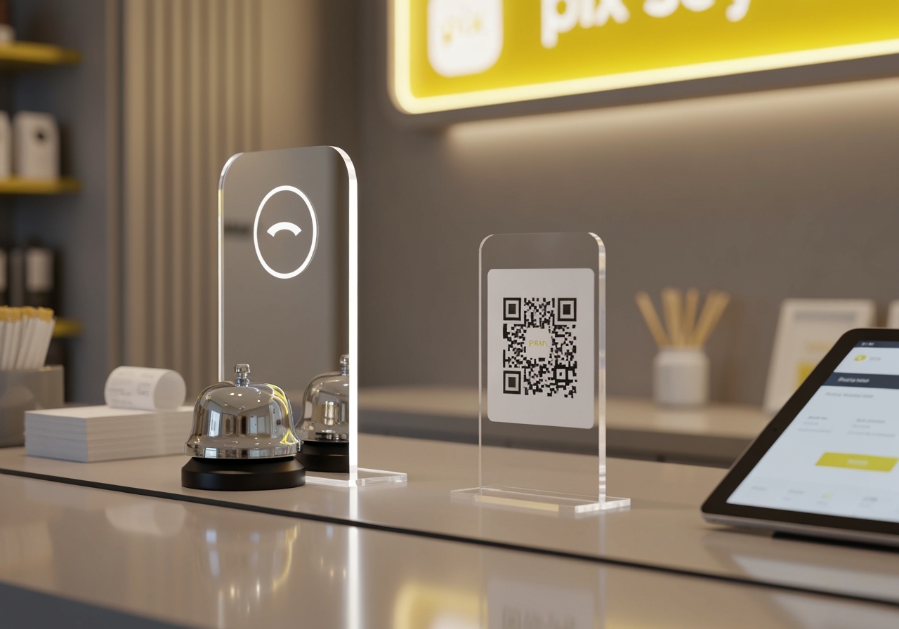 Kit completo de sinalização de balcão: placa Pix QR Code + placa de campainha em acrílico espelhado. Segurança, praticidade e design para seu negócio. (imagem gerada com inteligência artificial)