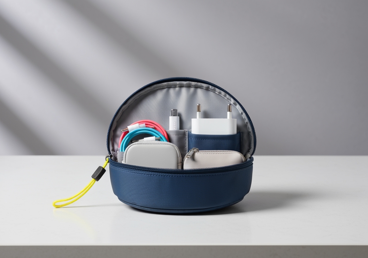 Descubra o saco organizador redondo, super compacto e versátil, perfeito para manter tudo em ordem com estilo. Ideal para viagens, casa e escritório. (imagem gerada com inteligência artificial)