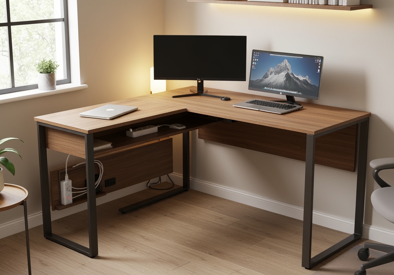 Procurando a melhor mesa escrivaninha em l? Descubra se vale a pena investir nesse móvel incrível com compartimento oculto e transforme seu espaço. (imagem gerada com inteligência artificial)