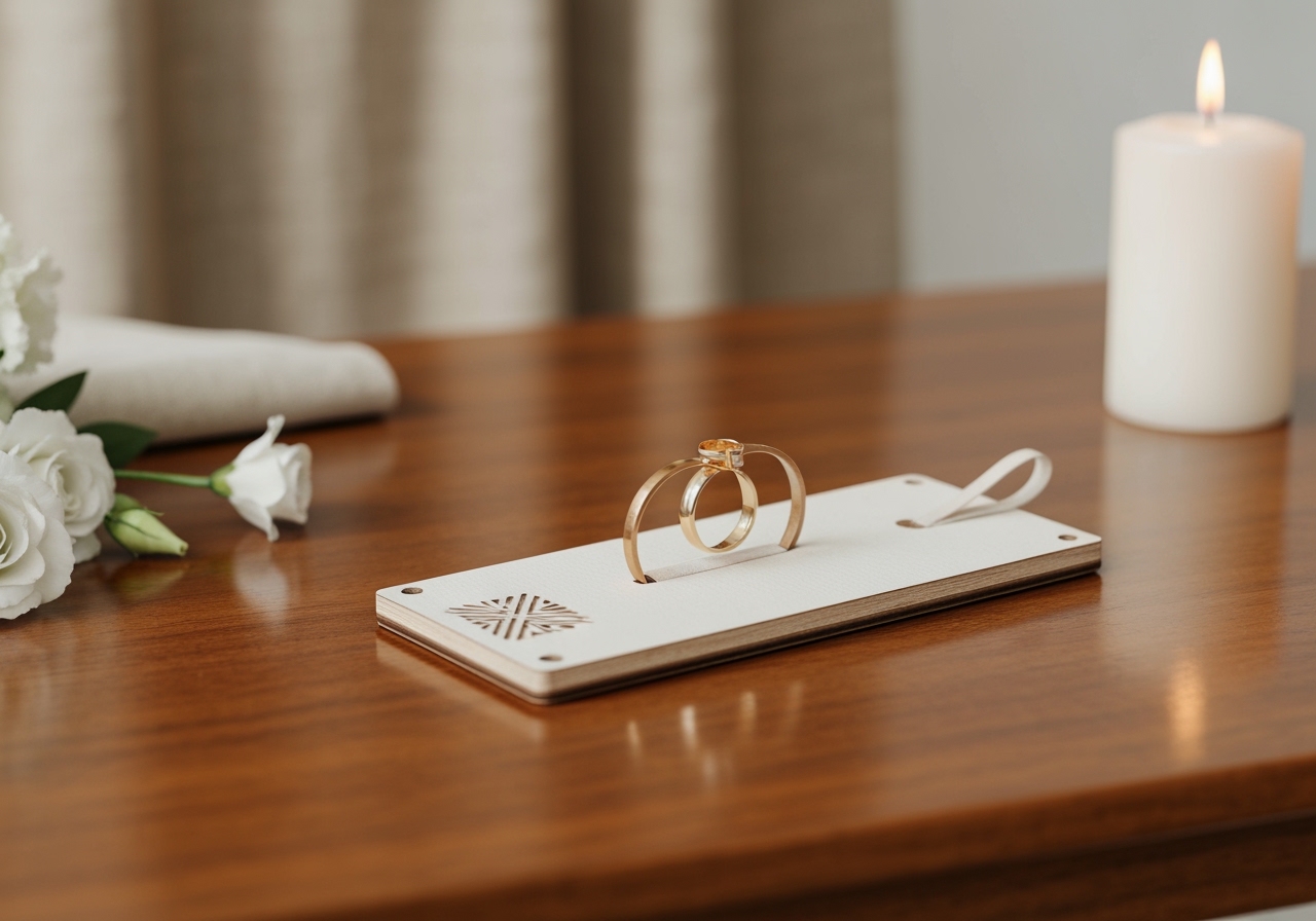 Descubra tudo sobre o porta aliança mdf personalizado com suporte e elástico. Uma opção barata e incrível para deixar seu casamento inesquecível e luxuoso. (imagem gerada com inteligência artificial)