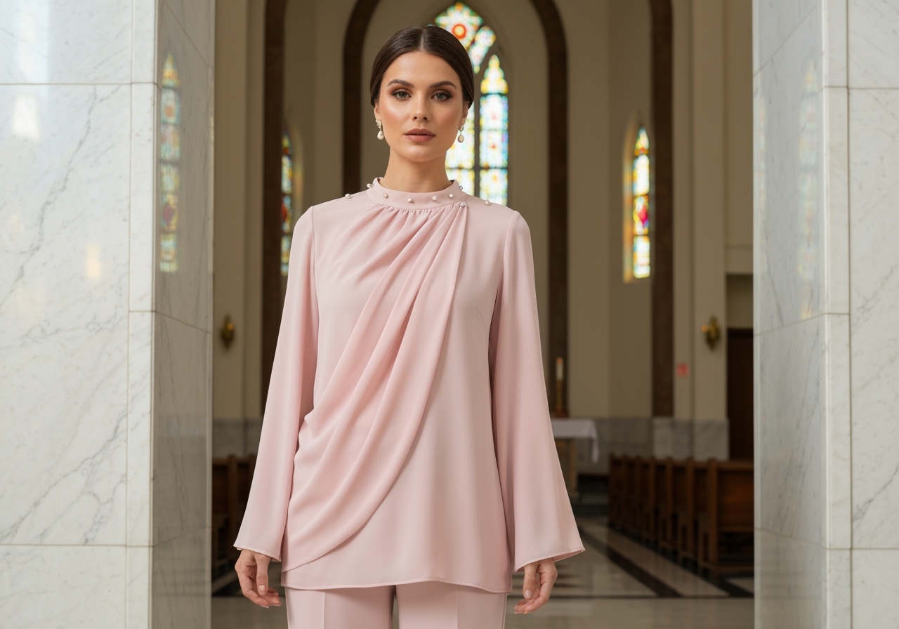 Pronta para renovar seu estilo? A blusa crepe evangélica transforma qualquer visual em uma produção sofisticada. Clique e descubra o segredo dessa peça! (imagem gerada com inteligência artificial)