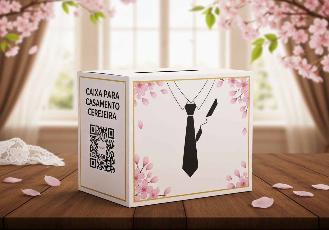 Descubra a caixa temática para casamento que reúne a Operação Lua de Mel, o corte da gravata, QRCode e cerejeira, criando lembrança única e elegante. (imagem gerada com inteligência artificial)