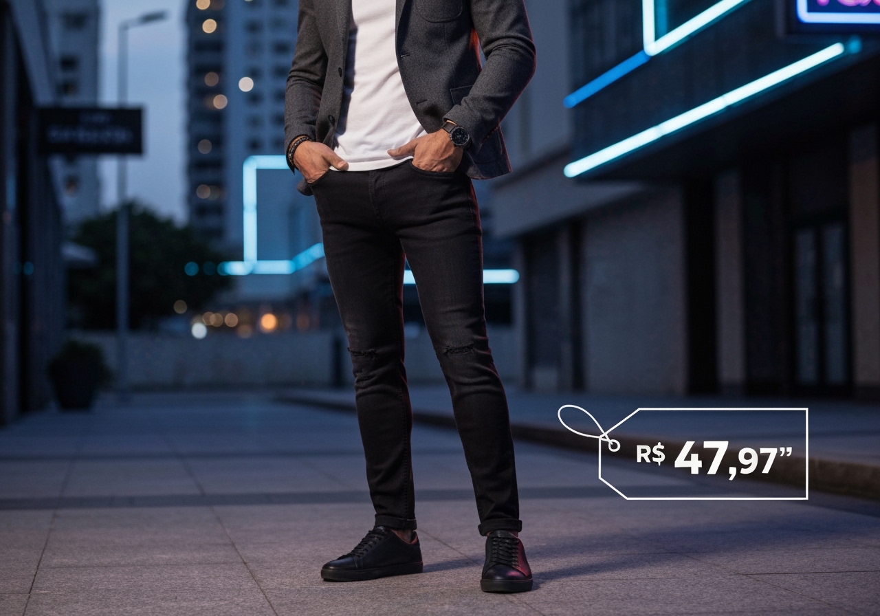 Leve esta calça skinny preta masculina da linha premium por apenas R$ 47,97! Produto com NF e envio rápido. Clique aqui e garanta a sua agora! (imagem gerada com inteligência artificial)