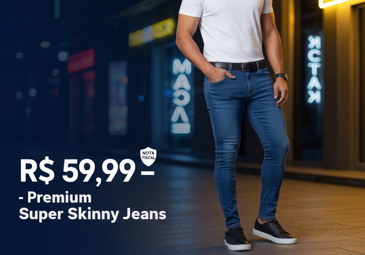 Eleve seu estilo com a calça super skinny masculina em lycra azul. Qualidade premium, máximo conforto e com NF por apenas R$ 59,99. Clique e garanta a sua agora! (imagem gerada com inteligência artificial)