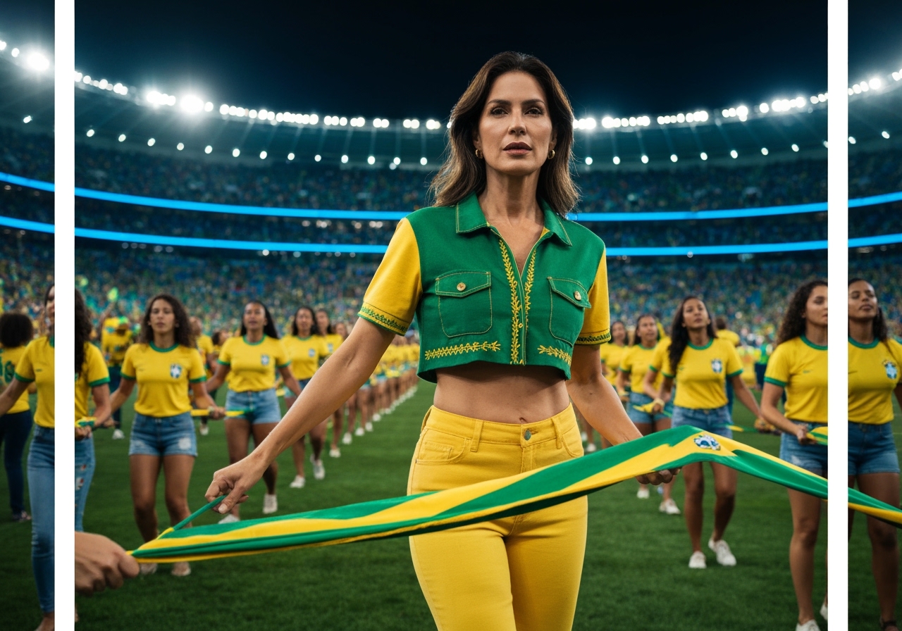 Arrase com o Cropped Brasil Feminino por apenas R$ 24,90! Design canelado, manga curta, verde e amarelo com lindo bordado. Conforto e estilo para você torcer. (imagem gerada com inteligência artificial)